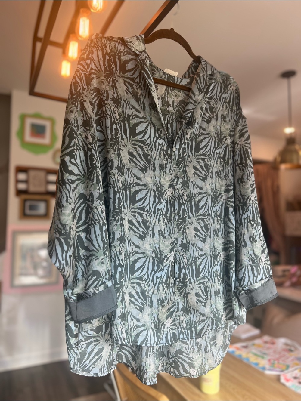 Free People Grey Green Printed Button-Front Blouse